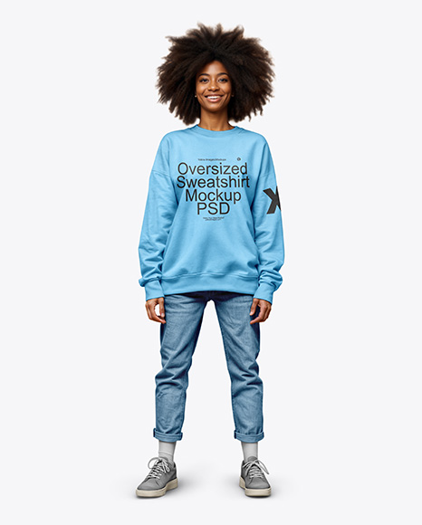 Black Woman Wearing an Oversize Sweatshirt and Jeans Mockup - Blank sweatshirt mockup