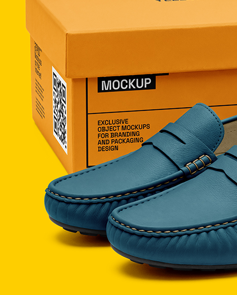 Pair of Women's Leather Moccasins with Shoe Box Mockup