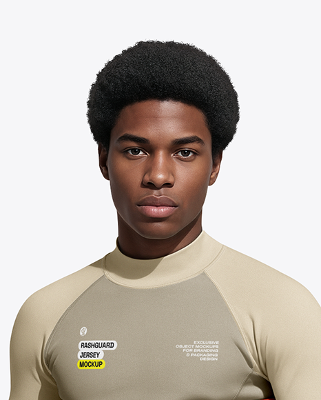 Man Wearing Rashguard Jersey and Shorts with Surfboard Mockup