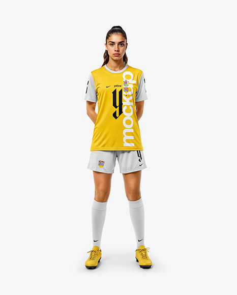 Woman Wearing Soccer Jersey and Shorts Mockup - Mockups