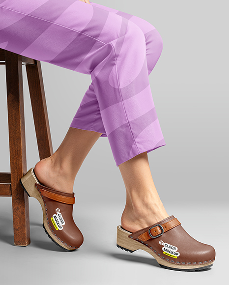 Pair of Clogs on Woman's Legs Sitting on Stool Mockup