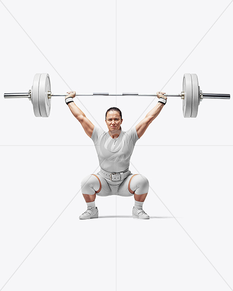 Woman Wearing Weightlifing Suit with Barbell Mockup