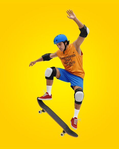 Skater in Protective Gear with Skateboard Mockup