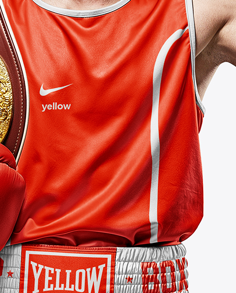 Man Wearing Boxing Jersey and Shorts with Champion Belt Mockup