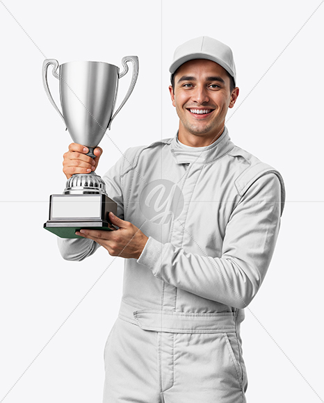 Man Wearing Racing Kit With Cup Mockup