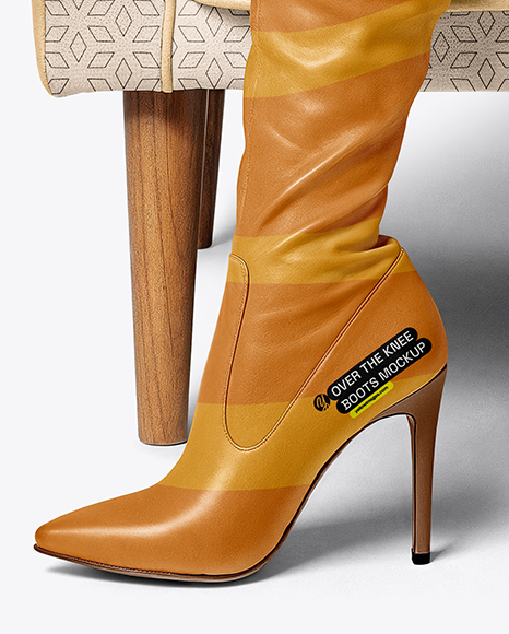 Pair of Over-The-Knee Boots on Women's Legs on Sofa Mockup