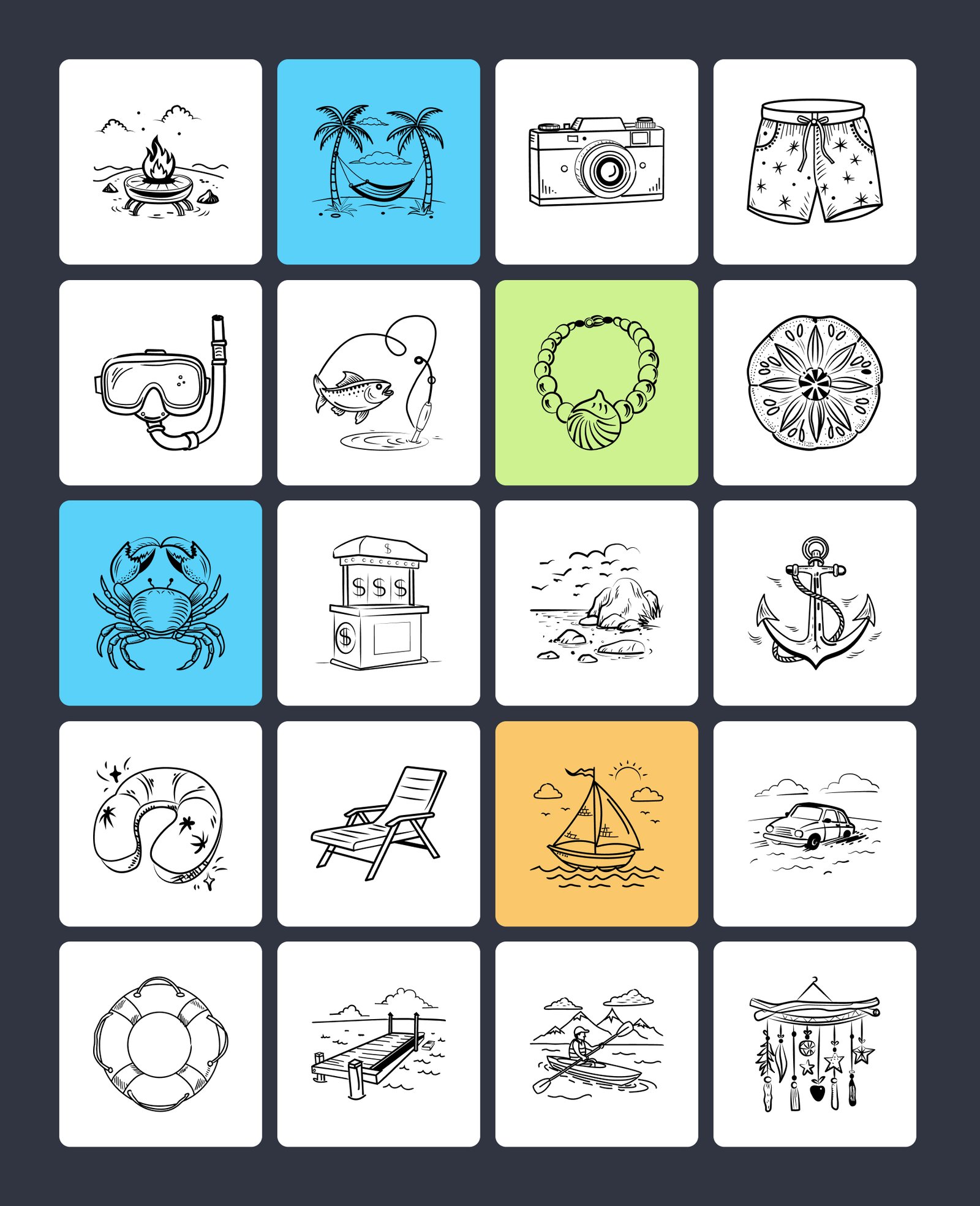 Tropical, Beach, and Ocean Doodles