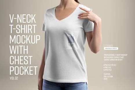 4 Mockup Woman V-Neck T-Shirt with a Chest Pocket. vol.02 - Apparel Mockups