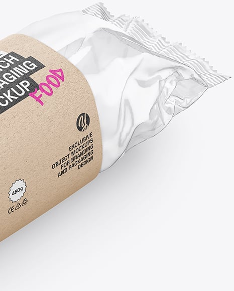 Clear Plastic Flow-Pack with Sandwich in Kraft Paper Sleeve Mockup