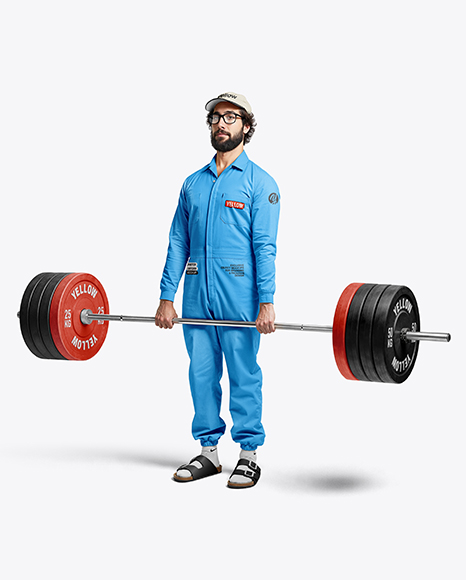 Powerlifter Wearing Janitor Uniform and Cap with Barbell Mockup