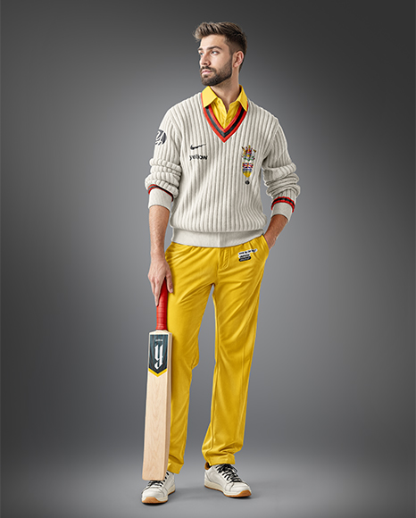 Man Wearing a Full Cricket Kit with Bat Mockup