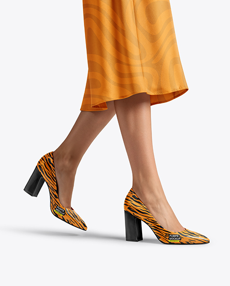 Block Heel Pumps on Woman's Legs with Dress Mockup - White dress mockup