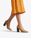 Block Heel Pumps on Woman's Legs with Dress Mockup