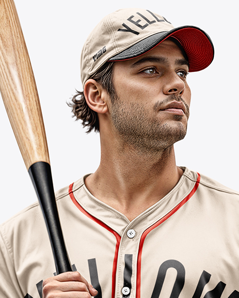 Man Wearing a Full Baseball Kit with Bat Mockup