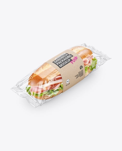 Clear Plastic Flow-Pack with Sandwich in Kraft Paper Sleeve Mockup - Sandwich board mockup