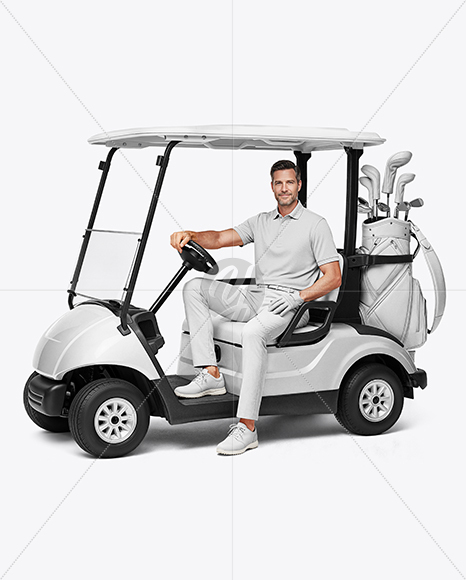 Man Wearing Polo and Chinos on Golf Cart Mockup