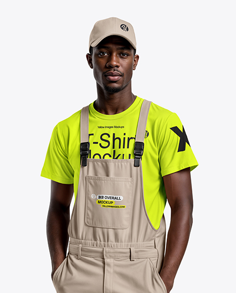 Black Man Wearing a Bib Overalls and T-Shirt Mockup