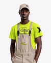 Black Man Wearing a Bib Overalls and T-Shirt Mockup