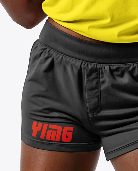 Black Female UFC Fighter Wearing T-Shirt & Shorts Mockup