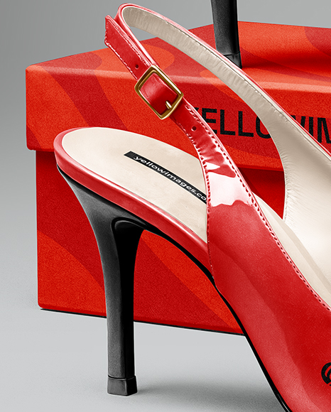 Pair of Glossy Slingbacks on Shoe Box Mockup