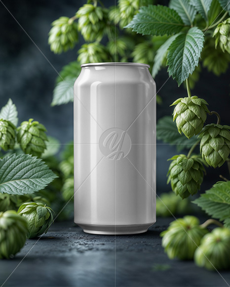 Beer Can Surrounded by Hops Branches Mockup