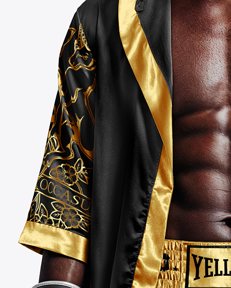 Black Man Wearing Boxing Kit with Robe and Shorts Mockup