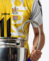 Man Wearing Soccer Jersey and Shorts Holds Cup Mockup