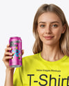 Woman Wearing a T-shirt Holding 16oz Drink Can Mockup