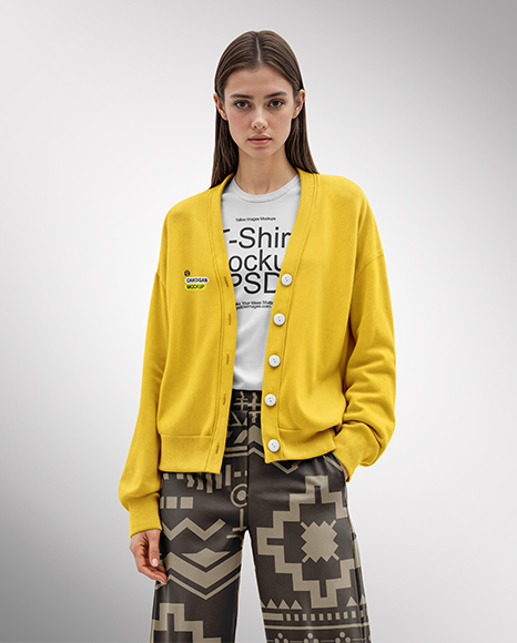 Woman Wearing a Cardigan and T-shirt Mockup