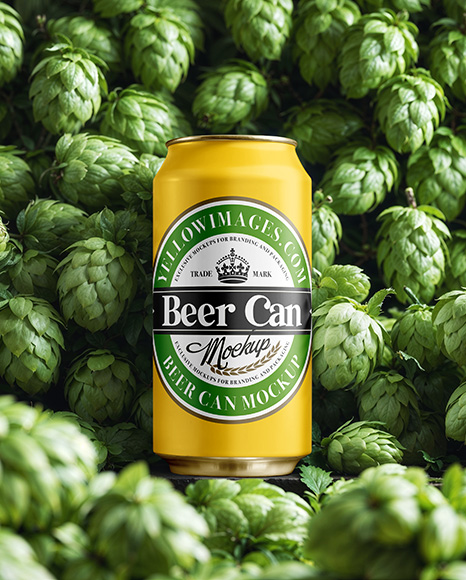 Beer Can on Fresh Hops Background Mockup