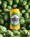 Beer Can on Fresh Hops Background Mockup