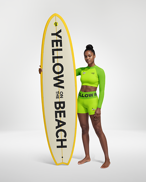 Woman Wearing Long Sleeve Rashguard and Shorts Holding Surfboard Mockup