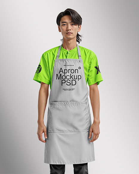 Asian Man Wearing Apron and Mandarin Neck Shirt Mockup