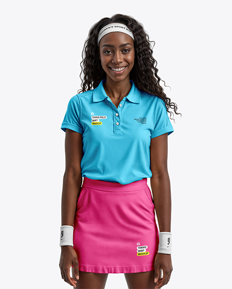 Young Black Woman Wearing Polo Shirt and Tennis Skirt Mockup - Women+S+Polo+Mockup+Front+View+In+Apparel+Mockups+On+Yellow+Images+Object+Mockups