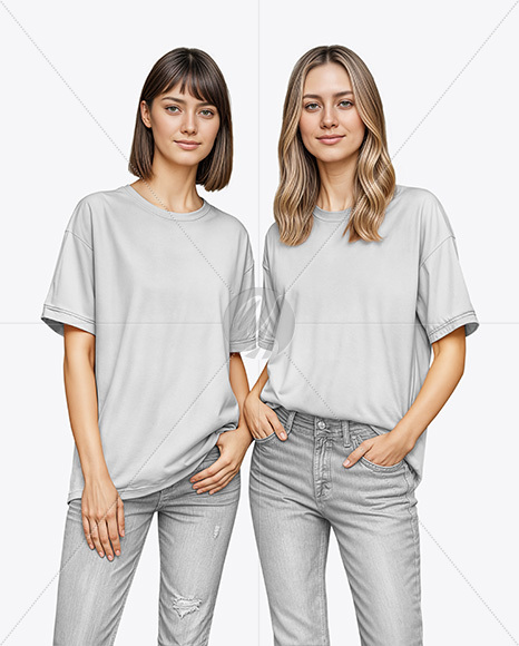 Two Young Women Wearing T-shirts and Jeans Mockup