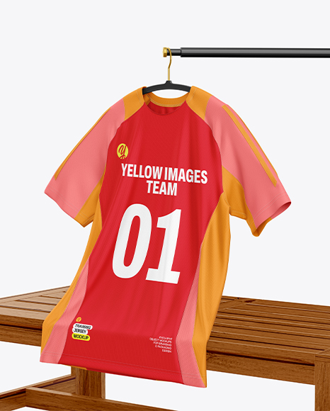 Training Jersey on Hanger Over Wooden Bench Mockup