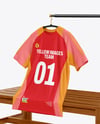 Training Jersey on Hanger Over Wooden Bench Mockup