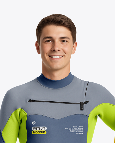 Surfer Wearing Wetsuit with Shortboard Mockup