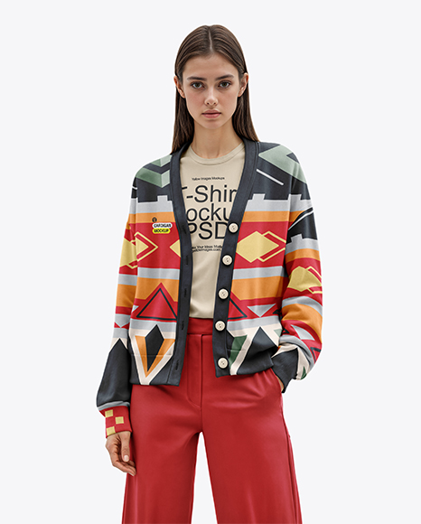 Woman Wearing a Cardigan and T-shirt Mockup - Jumper mockups