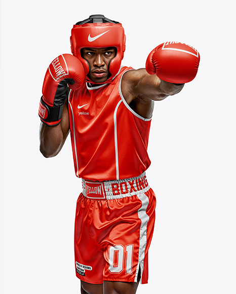 Afro-American Man Wearing Full Boxing Kit Mockup - Kit mockup psd