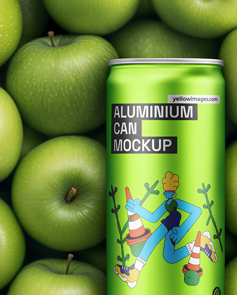 8.5oz Slim Drink Can on a Stack of Green Apples Mockup