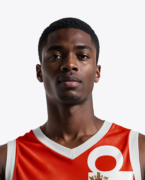 Basketball Player Wearing a V-Neck Jersey and Shorts Holding a Basketball Mockup