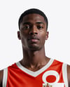Basketball Player Wearing a V-Neck Jersey and Shorts Holding a Basketball Mockup