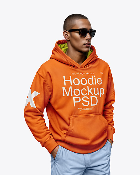 Black Man Wearing a Hoodie and Sunglasses Mockup - Mockup moletom