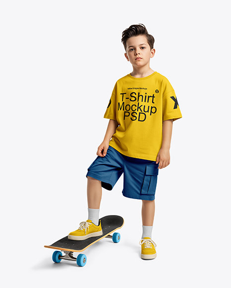 Boy Wearing T-Shirt and Cargo Shorts with Skateboard Mockup