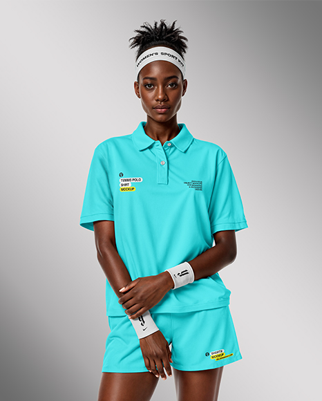 Afro-American Woman Wearing Tennis Polo Shirt and Shorts Mockup