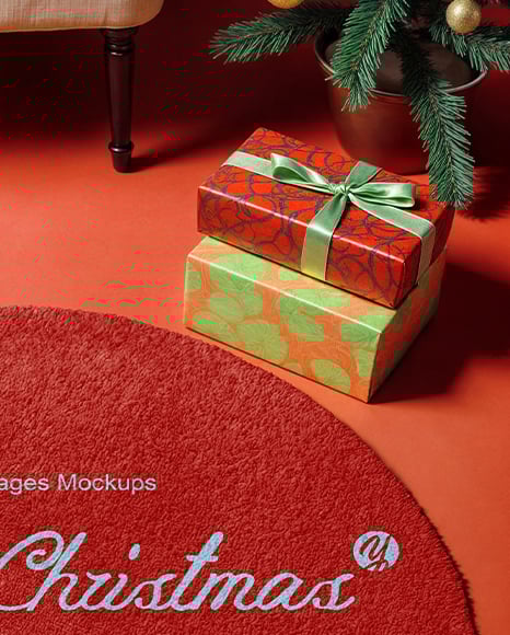 Round Carpet Next to Christmas Tree Mockup
