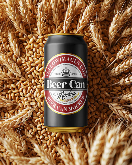 Beer Can on Wheat Grains Background Mockup