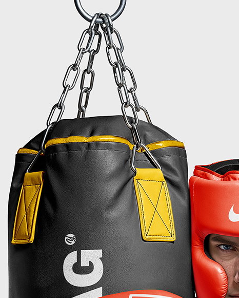 Man Wearing Boxing Uniform with Punching Bag Mockup