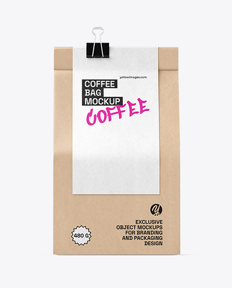 Kraft Coffee Bag Mockup with Clip – Front View - Product package mockup